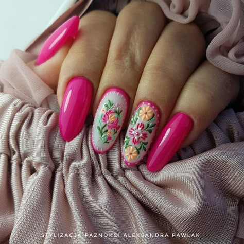 Folk Nails Art, Summer Floral Nails Designs, Mexican Talavera Nail Art, Mexican Vacation Nails, Mexican Tile Nails, Mexican Theme Nails, Mexican Themed Nails Acrylic, Spanish Tile Nails, Mexican Nail Art