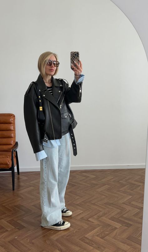 Outfit Inspo With Leather Jacket, Outfits With Biker Jacket, Leather Jacket Outfit 2023 Women, Styling Leather Jacket Winter Outfits, Blue Shirt Winter Outfit, Black Biker Leather Jacket Outfit, Leather Jacket And Converse Outfit, Blue Biker Jacket Outfit, Leather Jacket Sneakers Outfit