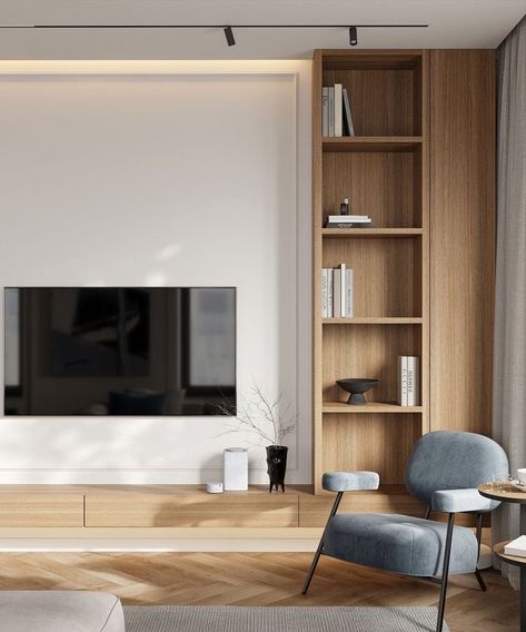 Tv Room Minimal, Modern Oak Living Room, Tv Wall Scandinavian Style, Woody Living Rooms, Scandinavian Entertainment Center, Japandi Living Room Tv Wall, Minimal Media Wall, Tv Wall Design Japandi, Japandi Media Wall