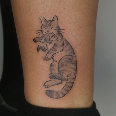 Warrior Cats Tattoo, Goofy Cat Tattoo, Fish Bag Tattoo, Cat Tattoo Traditional, Cat Stomach Tattoo, Cat And Fish Tattoo, Cat Fishing Tattoo, Cat With Fish Tattoo, Fat Cat Tattoo