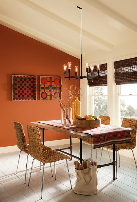 Orange Dining Room, Apartment Painting, Dining Room Paint Colors, Orange Rooms, Dining Room Accents, Dining Room Paint, Living Room Orange, Orange Walls, Room Paint Colors