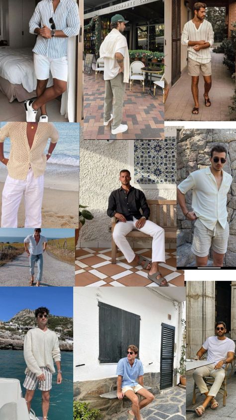 Guy Vacation Aesthetic, Men’s Summer Beach Outfits, Greece Outfit Ideas For Men, Phuket Men Outfit, Outfits For Goa Men, Dubai Men Outfits Ideas, Beach Old Money Outfit Men, Miami Beach Outfits Men, Mexico Mens Outfits