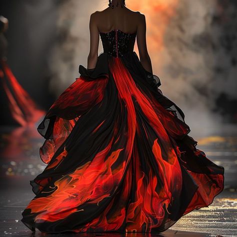 #fashion #concept design #ai #fire #flames inspired Fire Theme Fashion Show, Dress On Fire Aesthetic, Goddess Of Fire Costume, Volcano Inspired Fashion, Fire Fashion Design, Fire Inspired Dress, Fire Themed Outfits, Fire Inspired Outfits, Witches Clothes