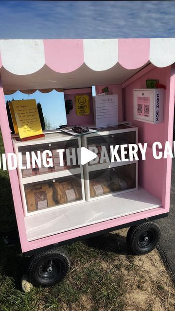 Anna on Instagram: "Building the Bakery Cart 🎀 🚚  #bakerycart #roadsidestand #bakery #selfserve #localbusiness #microbakery #sourdough #bakedgoods" Food Cart Ideas Business, Road Side Bakery Stand, Self Serve Bakery Cart, Mobile Bakery Cart, Mobile Bakery Ideas, Diy Bakery Cart, Bakery Shed, Bakery Stand Ideas, Bakery Cart Ideas