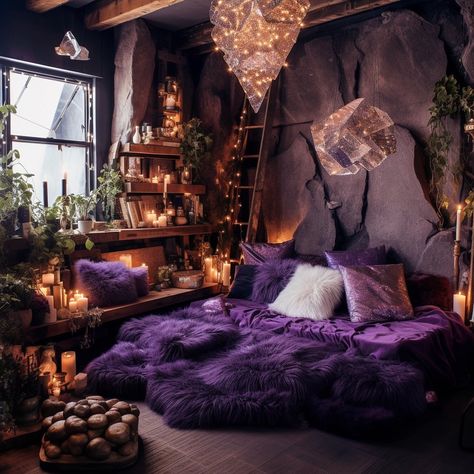 All Posts • Instagram Purple Green Bedroom, Crystal Room Aesthetic, Purple Boho Bedroom, Witch Bedroom Decor, Whimsical Bedroom, Dream Bedroom Inspiration, Natural Bedroom, Purple Bedrooms, Purple Bedding