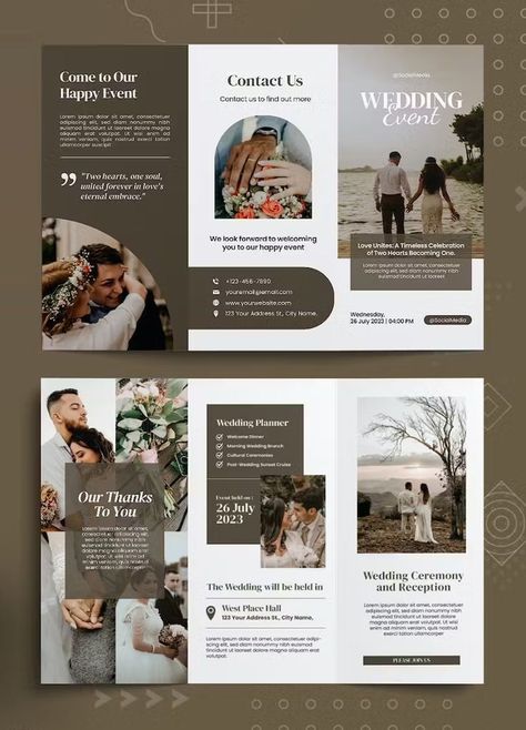 Wedding Day Brochure, Brochure Design Photography, Events Brochure Design, Wedding Venue Brochure Design, Wedding Brochure Design Layout, Venue Brochure Design, Wedding Flyers Design Ideas, Brochure Layout Ideas, Broucher Ideas Design