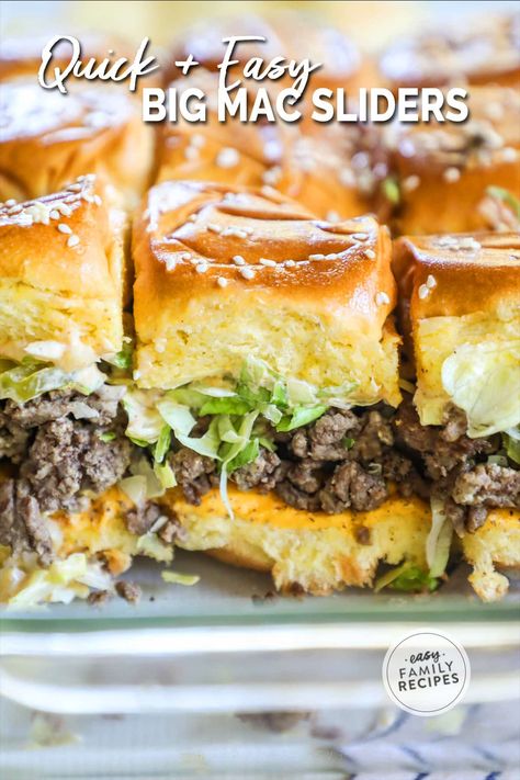 Easy sliders that taste exactly like a Big Mac! These Big Mac sliders are a total crowd pleaser, perfect for game days and parties. These Big Mac Sliders feature Hawaiian rolls with juicy ground beef inside, smothered with special sauce, melted cheese, pickles, and onions. This Big Mac Sliders recipe is one that’s requested again and again - they’re that good! Big Crowd Meals, Sliders Recipes Hawaiian Rolls Easy, Big Mac Sliders, Ground Beef Sliders, Burger Sliders Recipes, Sliders Recipes Hawaiian Rolls, Sliders Recipes Beef, Hawaiian Sliders, Hamburger Sliders