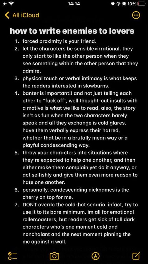 How To Write A Jealous Character, How To Write A Enemies To Lovers Story, Writing A Story Ideas, Friends To Enemies Prompts, Wattpad Ideas, How To Write Enemies To Lovers, Wattpad Character Aesthetic, Authors, Enemies To Lovers Title Ideas