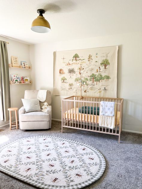 Gender neutral and muted nursery for soft, airy feel. Winnie-the-Pooh theme because “sometimes the smallest things take up the most room in your heart.” Classy Winnie The Pooh Nursery, Pooh Theme Nursery, Simplistic Nursery Gender Neutral, Gender Neutral Baby Nurseries, Old Time Winnie The Pooh Nursery, Aesthetic Winnie The Pooh Nursery, Poo Bear Nursery, Neutral Nursery Winnie The Pooh, Winnie The Pooh Classic Nursery