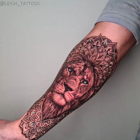 Lion Mandala Tattoo, Mandala Lion Tattoo, Lion Mandala, Mandala Tattoo Sleeve, Shin Tattoo, Basic Tattoos, Cartoon Character Tattoos, Tattoo Needles, Leg Tattoo