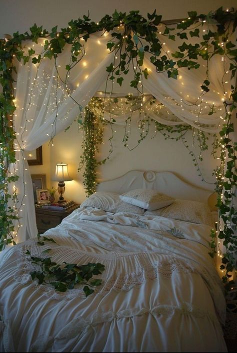 Wood Bed Canopy, Hammock In Room Aesthetic, Greenery Ceiling Bedroom, Plants On Canopy Bed, Canopy Bed With Ivy And Lights, Plant Bed Canopy, Witchy Canopy Bed, Cottagecore Canopy Bed, Canopy Bed Decorating Ideas