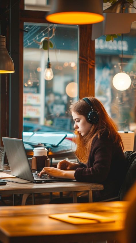 People In Cafe Photography, Writing In Coffee Shop, Work From Coffee Shop Aesthetic, Cozy Jobs, Working From Coffee Shop, Working Outside Aesthetic, Coffee Pictures Ideas, Work At Coffee Shop, Person Holding Coffee