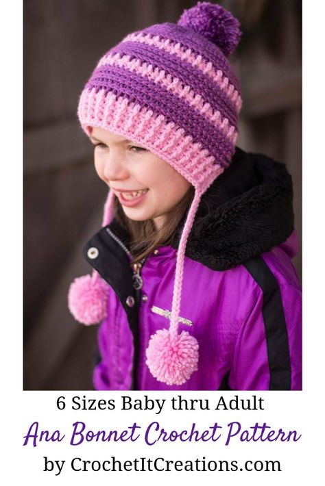 Crochet Bonnet Pattern available in 6 sizes! Crochet Bonnet Pattern, Bonnet Crochet Pattern, Childrens Crochet Hats, Crochet Pom Pom Hat, Crochet Baby Blanket Beginner, Crochet Bonnet, Crochet Baby Hat Patterns, Crochet Kids Hats, Bonnet Pattern