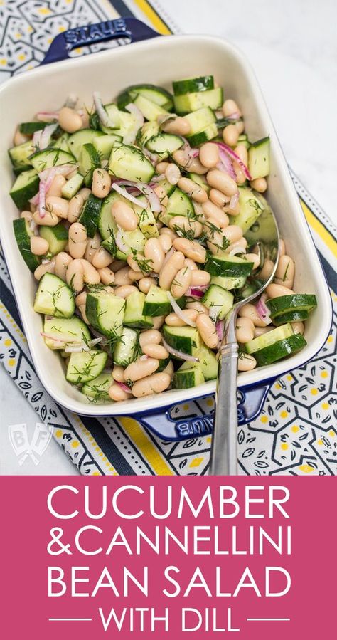 This quick & easy side dish is a favorite in my house, and a total lifesaver on busy summer nights when I don't want to turn on the stove or oven! Just 6 ingredients and a few minutes and it's ready! | Cucumber & Cannellini Bean Salad with Dill | #vegan # Quick Easy Side Dishes, Cannellini Bean Salad, Salad With Dill, Cannellini Bean, Decorações Com Comidas, Bean Salad Recipes, Easy Side Dish, Cucumber Recipes, Fresh Dill