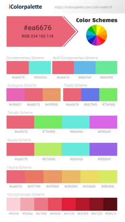 Pantone 17-1736 Tcx Sun Kissed Coral Color | Hex color Code #EA6676 information | Hsl | Rgb | Pantone Pantone Color Book, Cerise Color, Space Information, Neon Colour Palette, Turquoise Color Palette, Hexadecimal Color, Hex Color, Beige Color Palette, Orange Color Palettes