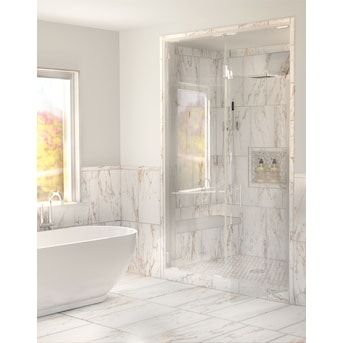 STAINMASTER Calacatta Gem 10-in x 12-in Matte Ceramic Hexagon Marble Look Floor and Wall Tile (1-sq. ft/ Piece) in the Tile department at Lowes.com Alaria Polished Porcelain Marble Tile Bathroom, Lowes Bathroom Tile, Marble Tile Shower Walls, White Marble Tile Bathroom, White Marble Bathroom, Small Half Bathroom, Bathroom 2024, Colorful Bathroom Tile, Living Room Decor Lights