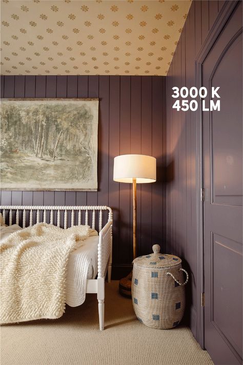 What Light Bulb Should I Get? - Chris Loves Julia Modern Cottage Bedroom, Basement Paint Colors, Purple Bedrooms, Purple Bedroom, Purple Rooms, Cottage Bedroom, Purple Walls, Modern Cottage, Toddler Bedrooms