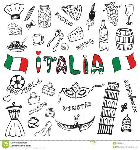 Doodle Hand Drawn Collection Of Italy Icons. Italy Culture Elements For Design… Italy Icons, Italy Drawing, Italy Illustration, Elements For Design, Cartoon Map, Travel Doodles, Italy Culture, Italian Theme, Travel Journal Scrapbook