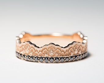 Rose Gold Black Diamond Ring, Black Diamond Wedding Ring, Gold Crown Ring, Crown Wedding Ring, Lace Crown, Rose Gold Lace, Black Diamond Wedding Rings, Wedding Rings Art, Rose Gold Black Diamond