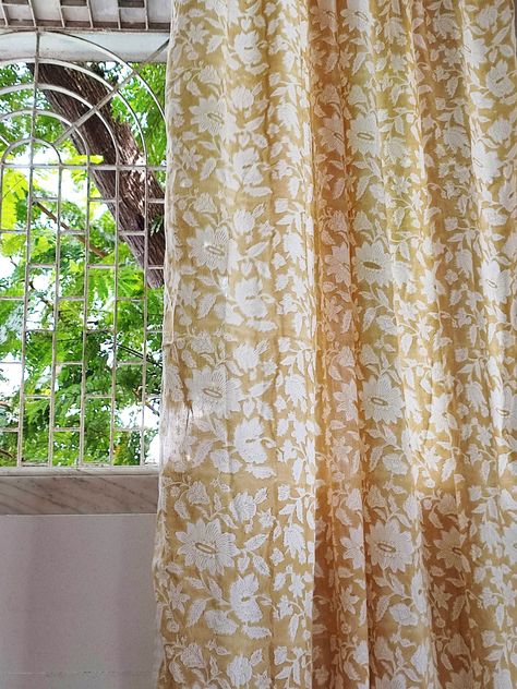 Yellow And White Curtains Living Room, Yellow Pattern Curtains, Sheer Yellow Curtains, Block Print Cafe Curtains, Curtain Indian, Mustard Curtains, Block Print Curtains, Mustard Yellow Curtains, Printed Cotton Curtain