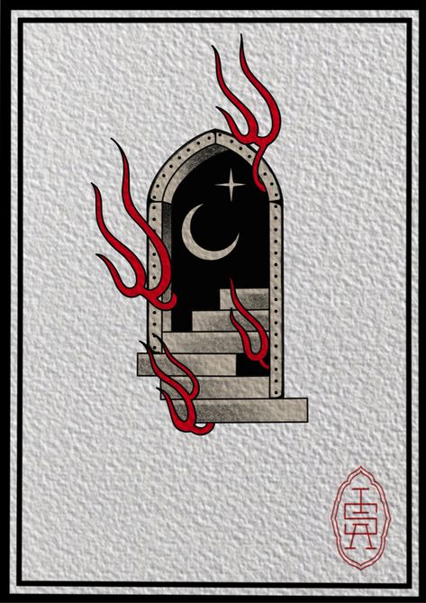 Door Tattoo Traditional, Castle On Fire Tattoo, Portal Door Tattoo, Burning Church Traditional Tattoo, Yu Gi Oh Tattoo Ideas, Shrine Tattoo, Doorway Tattoo, Portal Tattoo, Mirror Engraving