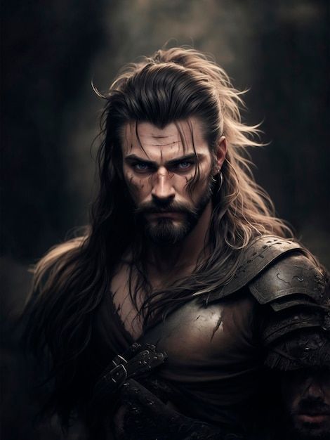 great illustration of a viking warrior created with ai, how cool is the technology Rpg Npc, Long Hair Images, Long Dark Hair, Viking Warrior, Long Hair Styles Men, Premium Photo, Dark Hair, 1 Million, Character Inspiration