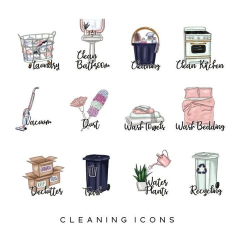 Cleaning Icons, Digital Bullet Journal, Cleaning Planner, Free Printable Planner Stickers, Planner Icons, Cleaning Logo, Stickers Kawaii, Planning Stickers, Planner Printables Free