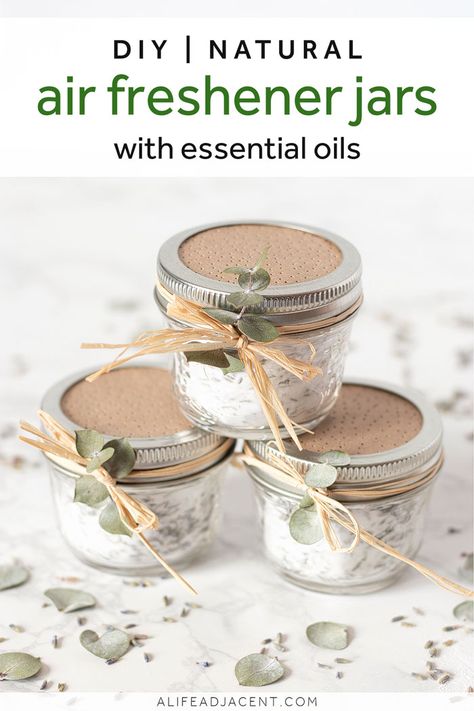 If you’ve ever opened your closets or clothing drawers to a less than pleasant scent, you will love these simple and natural DIY air freshener jars! Place one in your bathroom, car, closet, shoe cabinet or any other space in your home that’s prone to odors. Inexpensive and easy to make with baking soda and essential oils. Dried lavender buds, raffia ribbon and a sprig of eucalyptus add a touch of beauty. #alifeadjacent #essentialoils #homehacks Diy Bathroom Scents Air Freshener, Diy Laundry Deodorizer, Baking Soda Air Freshener Diy, Baking Soda Room Deodorizer, Bathroom Scents Air Freshener, Homemade Room Deodorizer, Homemade Odor Eliminator, Baking Soda Odor Absorber, Closet Deodorizer Diy