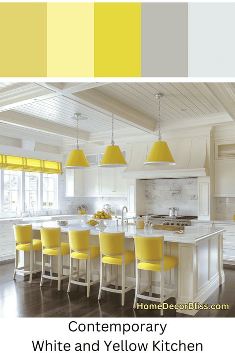 Contemporary Kitchen: White & Yellow Accents Contemporary Kitchen White, Yellow Kitchen Ideas, Yellow Bar Stools, Contemporary Color Schemes, Kitchen Concept, Kitchen Design Inspiration, Lemon Kitchen, Kitchen White, Yellow Interior