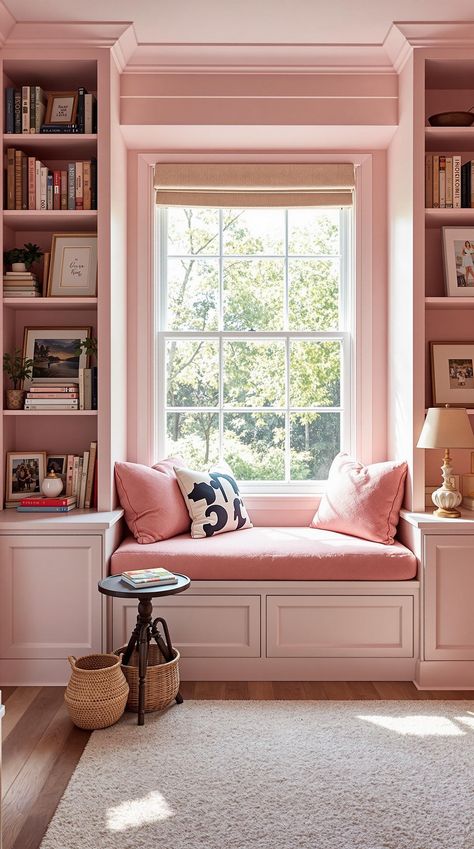 Pink Room Decor Pink Reading Nook, Pink Room Decor Ideas, Pink Library, Pink Hallway, Pink Home Office, Pink Dining Rooms, Pink Accent Walls, Loft Designs, Pink Bedroom Design