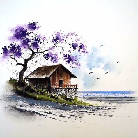 Beautiful Watercolor Paintings Nature, Tree Oil Pastel, Scenery Oil Pastel, Oil Pastel Scenery, Pastel Scenery, Landscape Tutorial, Oil Pastel Landscape, Watercolor House Painting, Watercolor Scenery