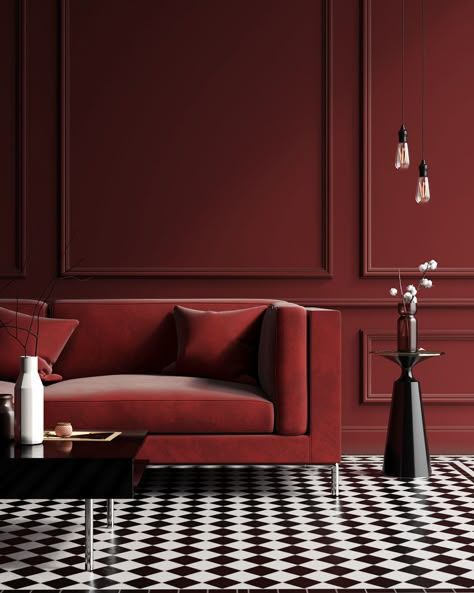 Maroon Walls Living Room, 1bhk Apartment, False Ceiling Ideas, Maroon Walls, Red Interior Design, Monochromatic Colour, Monochromatic Room, Wallpaper Floor, Wall Moulding