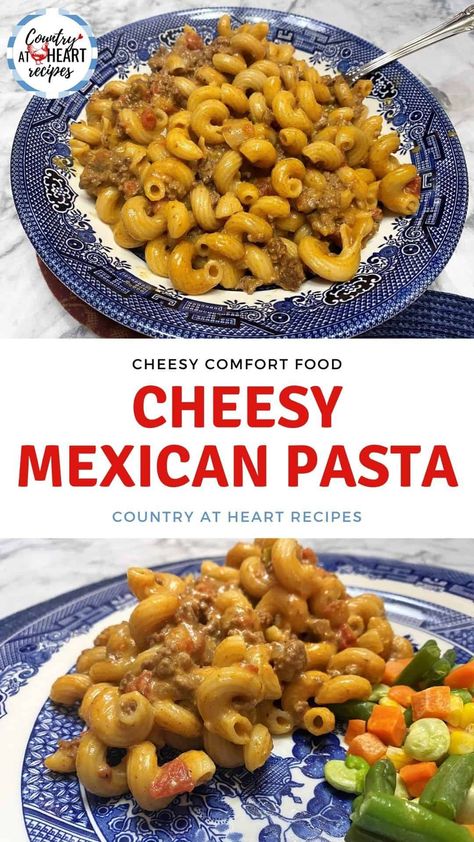 Cheesy Mexican Pasta is a mix between my recipes for Easy Macaroni and Cheese and Goulash. Made from lean ground burger, Cavatappi pasta, tomatoes, and processed cheese, it’s great for weeknight dinners. #cheesymexicanpasta #maindishes #cheesygoulash #mexicanpasta #mexicanmacandcheese #pasta #processedcheese #groundbeef #cavatappi #weeknightdinner #quickandeasymeals #countryatheartrecipes https://countryatheartrecipes.com/2022/05/cheesy-mexican-pasta/ Pasta Dishes Ground Beef, Beef Cavatappi, Cheesy Goulash, Easy Macaroni And Cheese, Mexican Mac And Cheese, Cavatappi Pasta, Mexican Pasta, Beef Goulash, Easy Macaroni