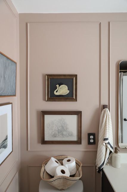 Bathroom Colored Walls, Light Pink Powder Room, Pink Neutral Bathroom, Light Color Bathroom, Beige Paint Bathroom, Maybe Bathroom, Unique Bathroom Colors, Pink Painted Bathroom, Chair Rail Bathroom Ideas