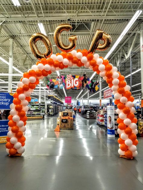 Indoor retail baloon arch. Orange and White twist with gold foil letters. Balloon Arch With Letters, Balloon Arch With Foil Balloons, Orange Balloon Arch, Balloon Arch Decorations, Balloon Arches, Private Party, Balloon Arch, Foil Balloons, Propane