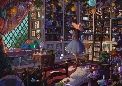 Wizards Study Room, Witch Hut Interior Concept Art, Witch Study Room, Witch Room Illustration, Guardian Character Design, Wizard Office, Witch Workshop, Room Ideas Drawing, Witch Library