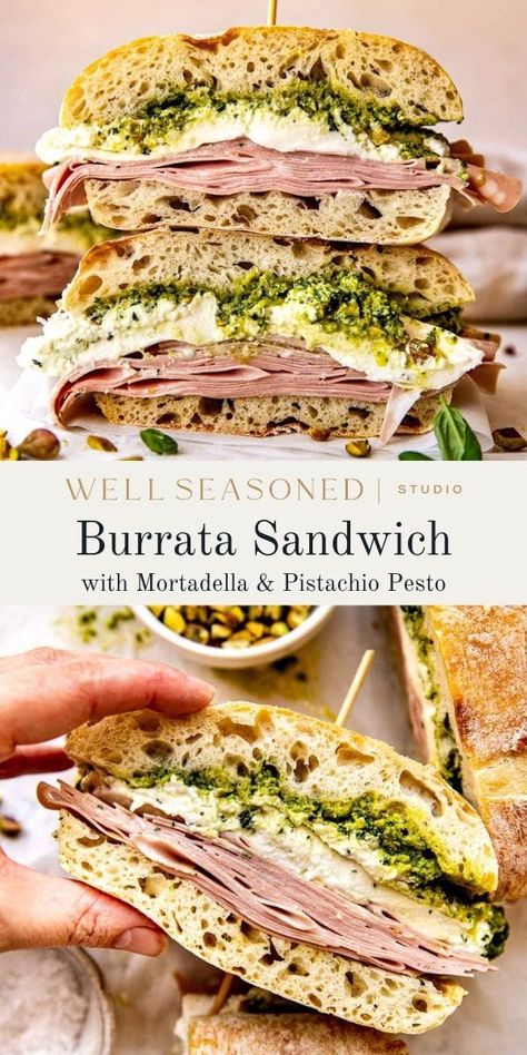 Mortadella Pistachio Sandwich, Best Deli Sandwiches, Italian Mortadella Sandwich, Mortadella Sandwich Recipes, Pesto Sandwich Ideas, Mortadella Salad, Cold Sandwiches For Lunch, Ham Sandwich Ideas, Pool Sandwiches