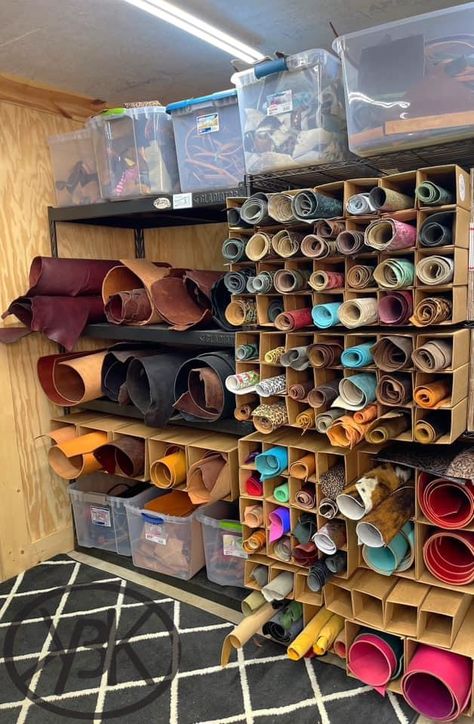 Leather Workbench Ideas, Leather Shop Organization, Leather Workshop Organization, Leather Hide Storage Ideas, Upholstery Shop Organization, Leather Storage Ideas, Leather Workshop Studio, Leather Workshop Ideas, Diy Leather Working