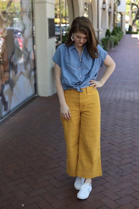 Mustard Cropped Pants Outfit, Mustered Pants Outfit, Yellow Wide Leg Cropped Pants Outfit, Madewell Emmett Pant Outfit, Mustard Yellow Palazzo Pants Outfit, Yellow Crop Pants Outfit, Yellow Mustard Pants Outfit, Mustard Pants Outfit Summer, Wide Leg Yellow Pants Outfit