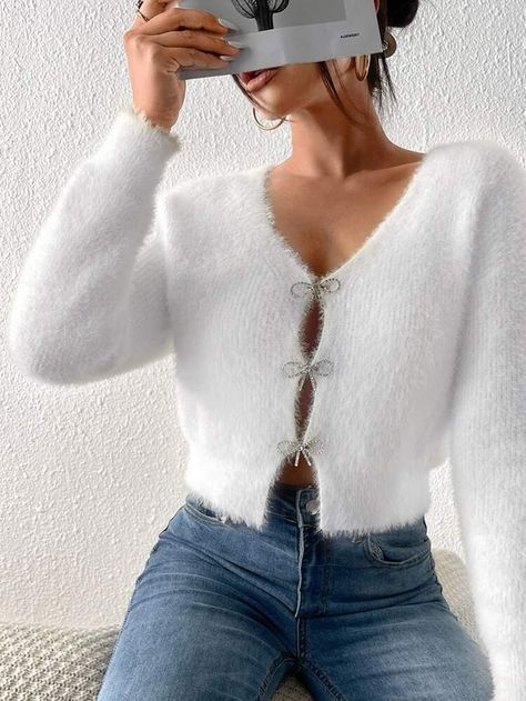 Free Returns ✓ Free Shipping On Orders $49+ ✓. SHEIN Rhinestone Bow Front Fluffy Knit Cardigan- Women Cardigans at SHEIN. White Fuzzy Sweater Outfits, Fluffy Sweater Outfit, White Cardigan Outfit, Trendy Cardigans, Fluffy Cardigan, Fluffy Knit, Bow Sweater, Fur Sweater, Knitting Women Cardigan