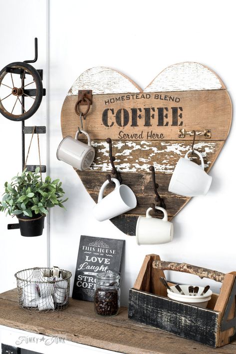 Learn how to create this reclaimed wood coffee sign mug hanger using scrap wood planks and a stencil! Featuring Homestead Blend Coffee from Funky Junk's Old Sign Stencils. Click for full tutorial and view 2 other ways to use this reclaimed wood heart! #coffeesign #hearts #reclaimedwood #signs Diy Coffee Bar, Bar In Casa, Home Coffee Stations, Coffee Nook, Home Coffee Bar, Coffee Bar Home, Funky Home Decor, Tea Bar, Coffee Corner