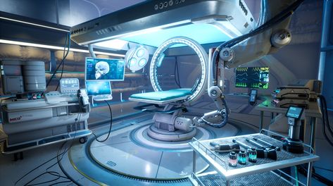 ArtStation - Sci Fi Med Bay, Megan Tyler Sci Fi Laboratory, Medical Room, Spaceship Interior, Sci Fi Environment, Futuristic Interior, 카드 디자인, Fantasy Places, Futuristic Technology, Future Technology