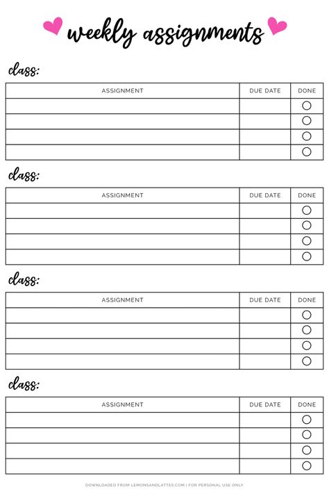 Weekly Assignment Sheet, Daily Assignment Planner, School Term Planner, Homework Assignment Sheet Weekly, Homework To Do List Printable, Weekly Assignment Printable, Assignment List Template, Homeschool Assignment Sheet, Homework Log Template Free Printable