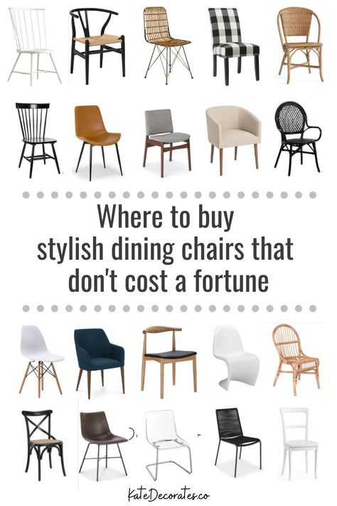 Looking for stylish and affordable dining chairs that don't look cheap? Well, this roundup of 40+ dining chairs is exactly what you need. This is the ultimate list of dining chairs and kitchen chairs that are on trend and also totally affordable. Check out the full list of all these amazing affordable dining chairs over on KateDecorates.co. #diningchairs #budgetdecor #diningroom #diningroomdecor #kitchendesign #kitchendecor Mix And Match Kitchen Chairs, 6 Dining Chairs, Dining Room With Different Chairs, Best Kitchen Chairs, Dining Room Table Ideas Modern, Chairs For Kitchen Table Modern, Affordable Modern Dining Chairs, Dinning Room Table With Mixed Chairs, Eat In Kitchen Dining Chairs