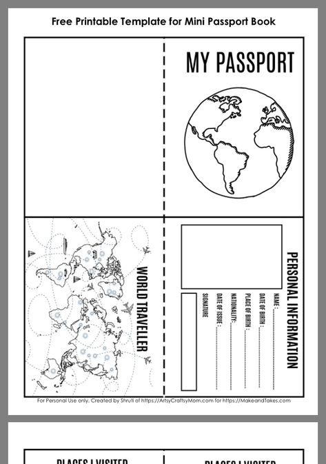 Traveling Around The World Preschool, Passport Template For Kids, Pretend Passport For Kids Free Printable, Passport Kids Craft, Passport For Kids Printable, Passport Activities For Kids, Kids Passport Printable, Geography Preschool Activities, All Around The World Activities For Kids