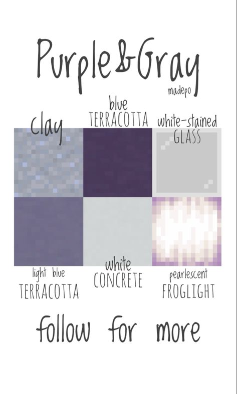 Minecraft color pallete using purple,blue, and gray hues- including clay, blue terracotta, white-stained glass, light blue terracotta, and pearlescent froglight. Perfect for a muted build! Follow for more :) Mincraft Idea Light, Minecraft White Terracotta House, Purple Blocks Minecraft, Purple Minecraft Pallet, Minecraft Colored Glass Design, Minecraft Terracotta Colors, Minecraft Pallets Ideas, White And Purple Minecraft House, Minecraft Stain Glass Design