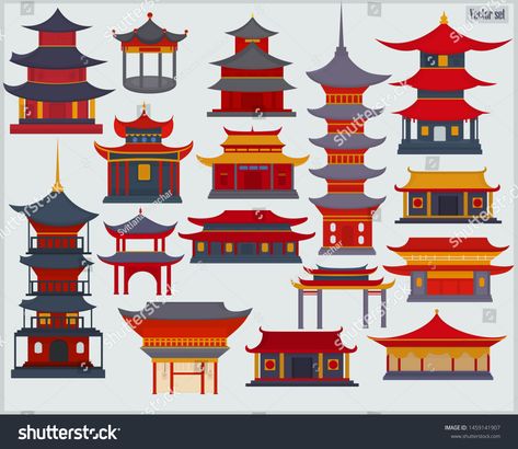 A set of Chinese buildings and temples in the traditional style on a light gray background #Ad , #SPONSORED, #buildings#temples#set#Chinese Chinese Buildings, Temple Drawing, Chinese Pagoda, Light Gray Background, Chinese House, Japanese Shrine, Chinese Temple, Japanese Temple, Building Drawing