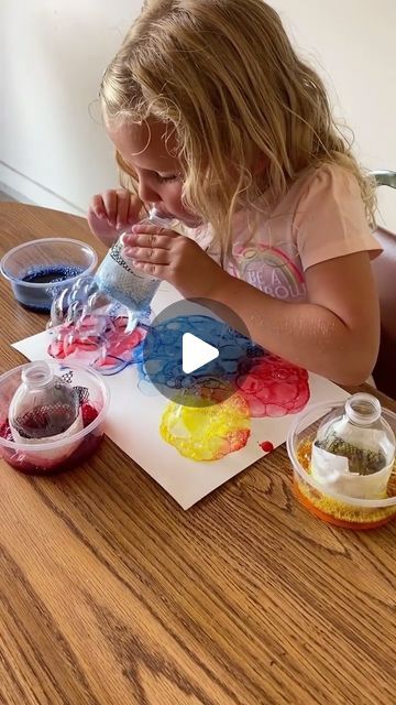 Kristina Buskirk | Toddler Approved on Instagram: "YOU NEED THIS EASY IDEA! We’re having fun with this awesome Bubble Painting activity!  WHAT YOU NEED: ✅ mesh bag (Dollar store has these!) ✅ scissors ✅ duct tape ✅ water bottle ✅ Dawn dish soap ✅ liquid water colors  SET UP Cut off the bottom of the water bottle and add a piece of mesh to it! Stick it on with duct tape.  Make some bubble solution with liquid water colors, dish soap, and a little water!   TIME TO CREATE 🙌 Dip the mesh end of the water bottle into the bubble solution and blow onto paper!   ⚠️ Make sure kids can blow OUT before you do this so that they don’t blow in and suck up bubbles! Practice by blowing small items around your house until you feel confident they can blow out.  WHY TRY THIS? 🔴 It’s fun and beautiful! 🟠 I Bubble Painting For Kids, Bubble Art For Kids, Blow Painting, Art Gala, Bubble Activities, Blow Paint, Liquid Texture, Soap Liquid, Family Connection