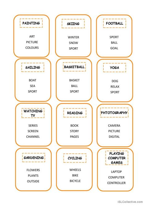 Taboo game with hobbies related vocabulary. Students must explain each concept without using the words that appear in the card. This activity is useful to foster speaking skills and reinforce vocabulary. Taboo Cards, Speaking Activities Esl, Speaking Games, Taboo Game, English Games, Speaking Activities, Kids English, Vocabulary Practice, Vocabulary Cards