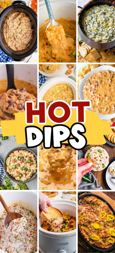 Looking for hot dips for parties? These inexpensive and cheap appetizer dips make cheap snacks that are sure to impress party guests! Cheesy and cream cheese hot dips, chip dips, hot seafood dip recipes, crab dip, rotel cheese dip, spinach artichoke dip, crockpot dip recipes, crockpot appetizers cheap, easy dip recipes for parties, easy hot dip recipes quick, easy dips, easy holiday dip ideas, dips appetizers, dip recipes easy, quick appetizers for a party, snack foods for party appetizers. Good Easy Dips To Make, Different Types Of Dips Recipe, Hot Cheesy Dip Recipes, Dip For Party Easy, Easy Good Dip Recipes, Quick Easy Dips Simple, Quick And Easy Crockpot Dips, Appetizer Recipes Dip Party Appetizers, New Dips Appetizer Recipes